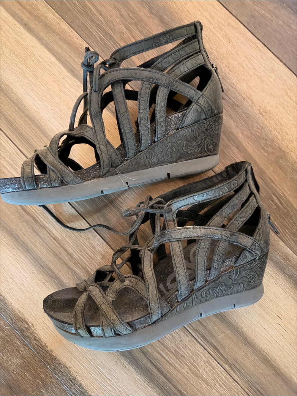 OTBT Black Lace-Up Cutout Wedge Sandals